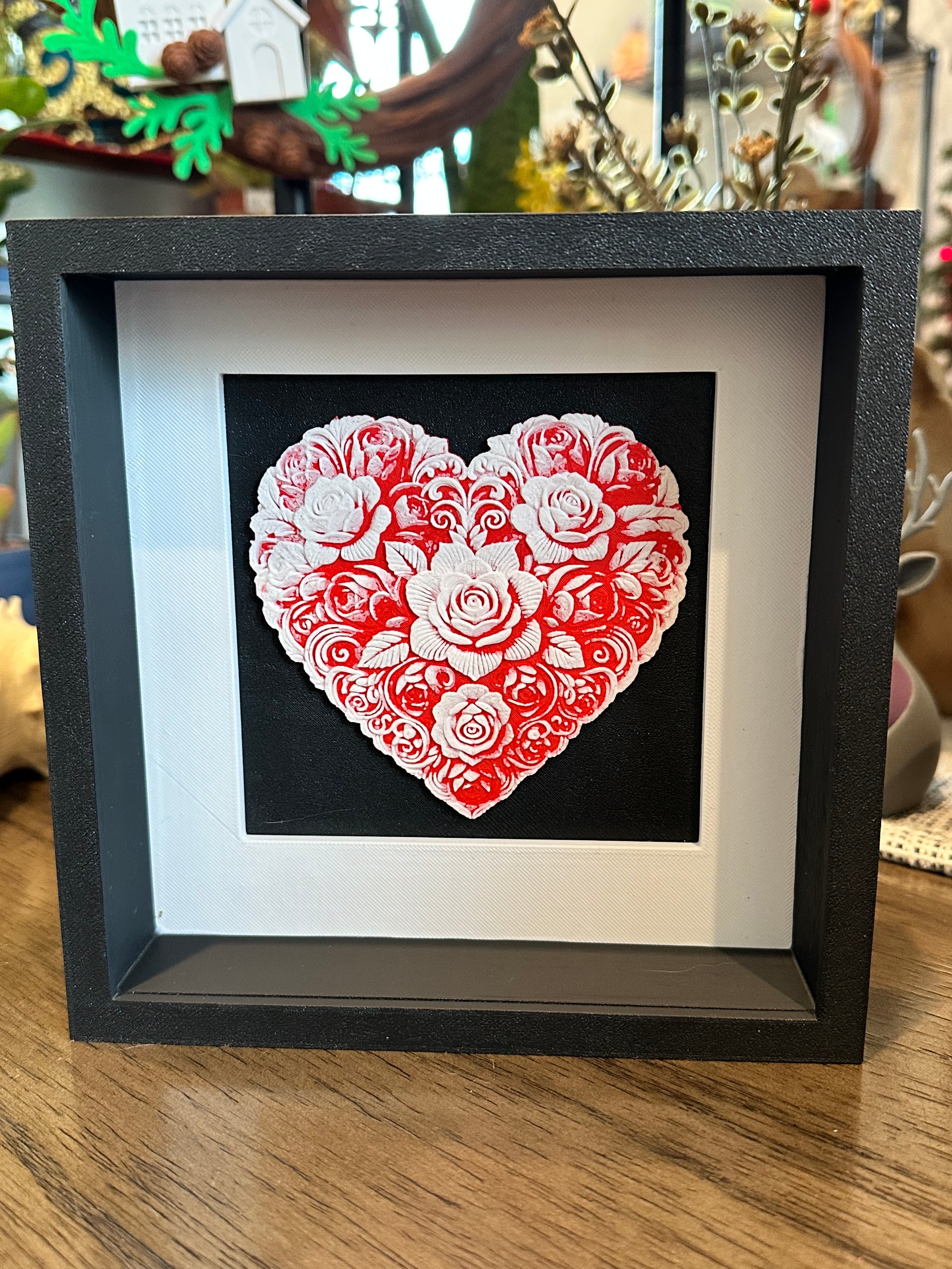 Floral Heart Shadow Box – 3D Printed Rose Heart Wall or Shelf Décor | Custom Colors